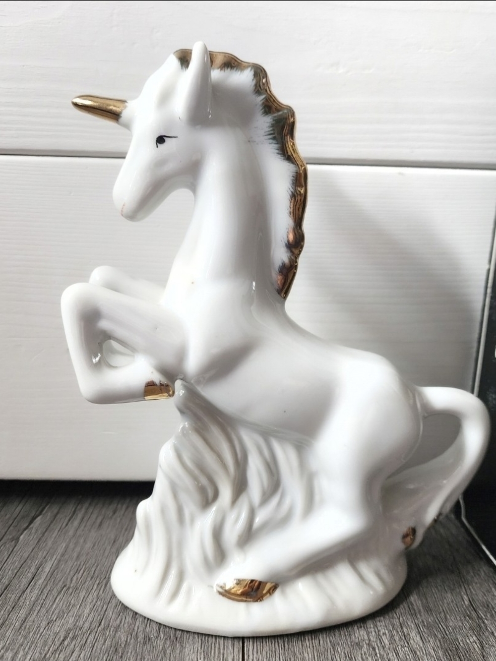 Vintage 80s White & Golded Painted Porcelain Unicorn Figurine w/ Box